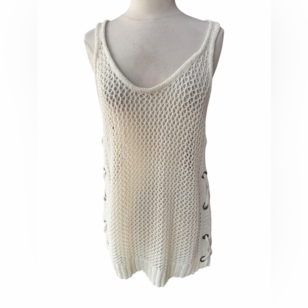 Ana Couture Off‎ White Open-Knit Racerback Sleeveless Tank Top/Swim Cover